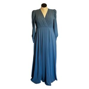 Lulus Women's Formal Party Maxi Dress Long Sleeve Wrap V Neck Pleated Blue XL